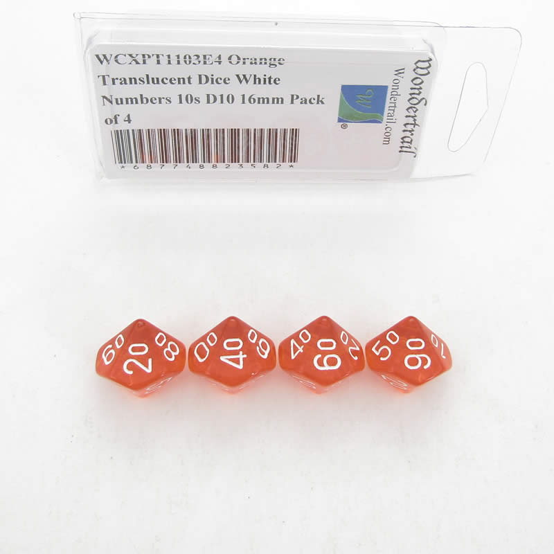 WCXPT1103E4 Orange Translucent Dice White Numbers 10s D10 16mm Pack of 4 (ONLINE ORDER ONLY)