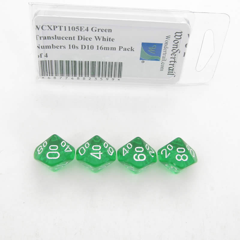 WCXPT1105E4 Green Translucent Dice White Numbers 10s D10 16mm Pack of 4 (ONLINE ORDER ONLY)
