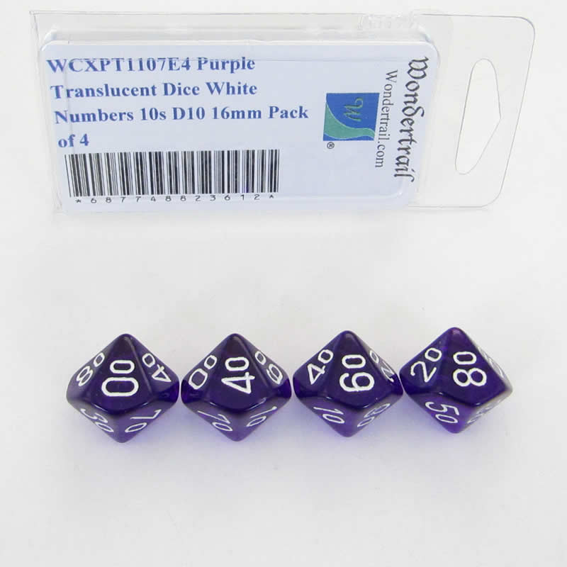 WCXPT1107E4 Purple Translucent Dice White Numbers 10s D10 16mm Pack of 4 (ONLINE ORDER ONLY)