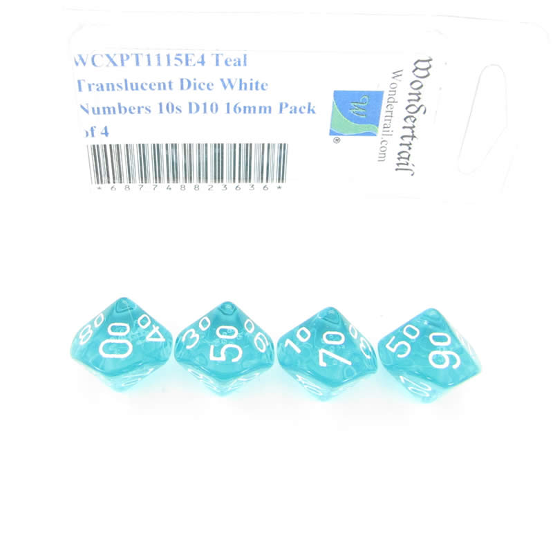 WCXPT1115E4 Teal Translucent Dice White Numbers 10s D10 16mm Pack of 4 (ONLINE ORDER ONLY)