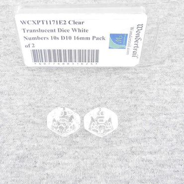 WCXPT1171E2 Clear Translucent Dice White Numbers 10s D10 16mm Pack of 2 (ONLINE ORDER ONLY)