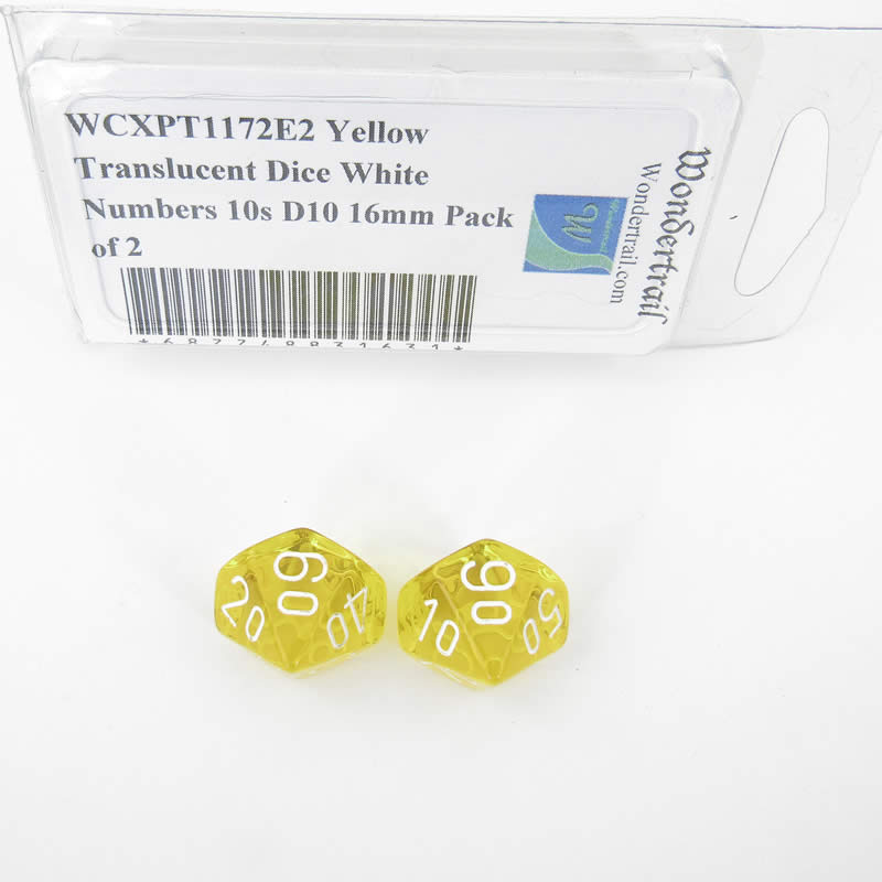 WCXPT1172E2 Yellow Translucent Dice White Numbers 10s D10 16mm Pack of 2 (ONLINE ORDER ONLY)