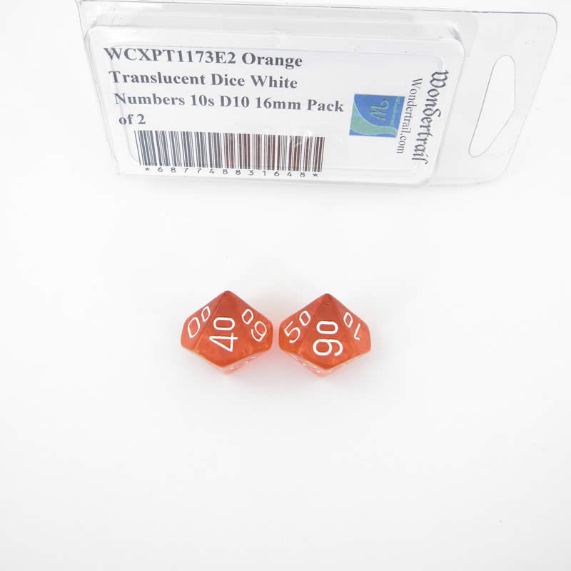 WCXPT1173E2 Orange Translucent Dice White Numbers 10s D10 16mm Pack of 2 (ONLINE ORDER ONLY)
