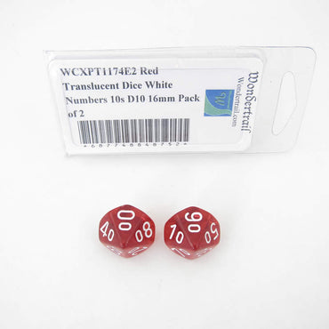 WCXPT1174E2 Red Translucent Dice White Numbers 10s D10 16mm Pack of 2 (ONLINE ORDER ONLY)