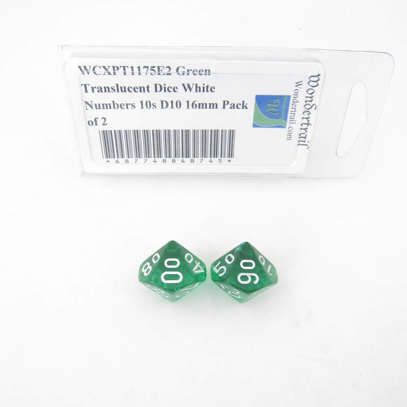 WCXPT1175E2 Green Translucent Dice White Numbers 10s D10 16mm Pack of 2 (ONLINE ORDER ONLY)
