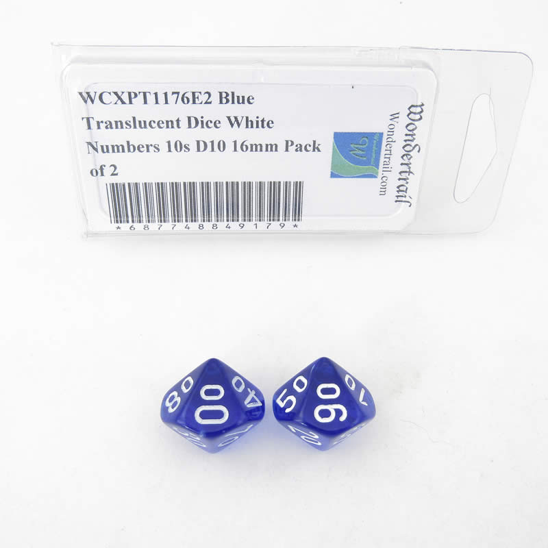 WCXPT1176E2 Blue Translucent Dice White Numbers 10s D10 16mm Pack of 2 (ONLINE ORDER ONLY)