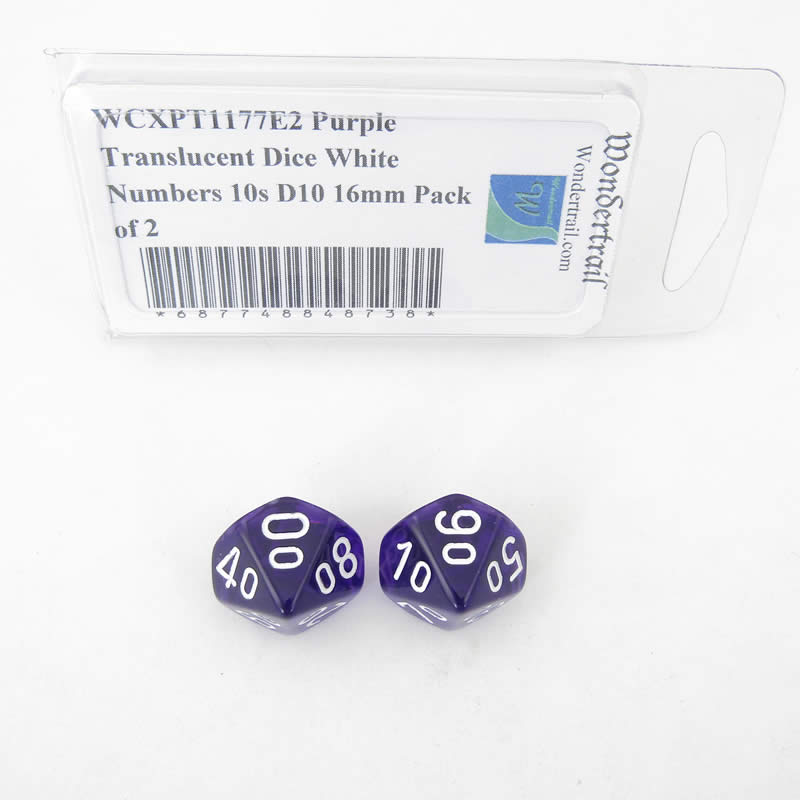 WCXPT1177E2 Purple Translucent Dice White Numbers 10s D10 16mm Pack of 2 (ONLINE ORDER ONLY)