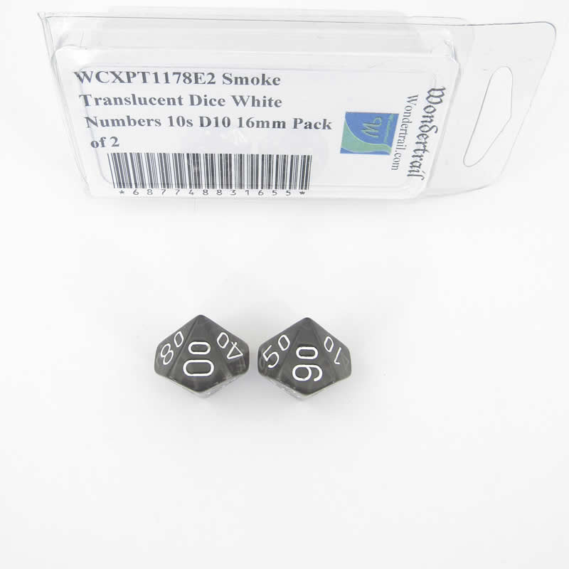 WCXPT1178E2 Smoke Translucent Dice White Numbers 10s D10 16mm Pack of 2 (ONLINE ORDER ONLY)
