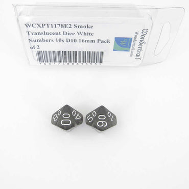 WCXPT1178E2 Smoke Translucent Dice White Numbers 10s D10 16mm Pack of 2 (ONLINE ORDER ONLY)