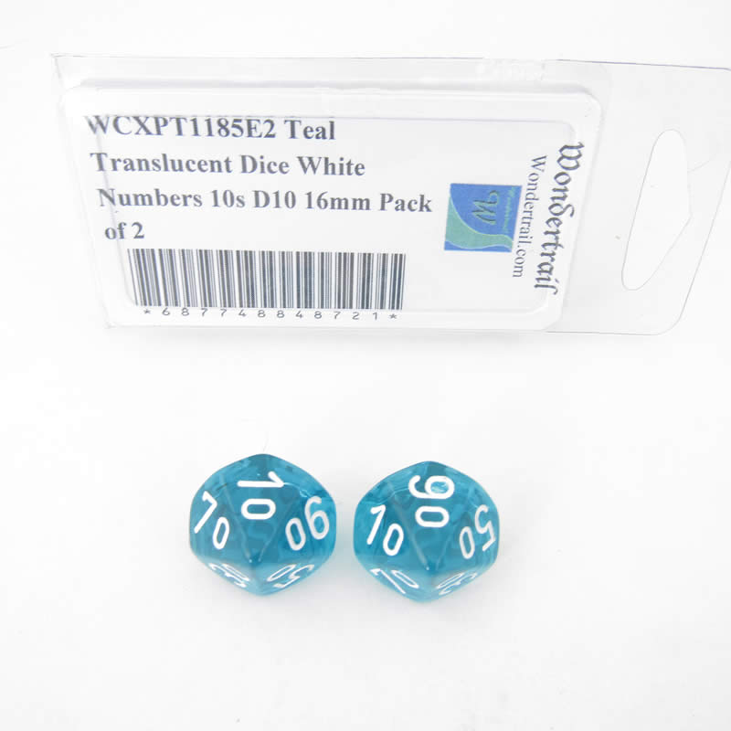 WCXPT1185E2 Teal Translucent Dice White Numbers 10s D10 16mm Pack of 2 (ONLINE ORDER ONLY)