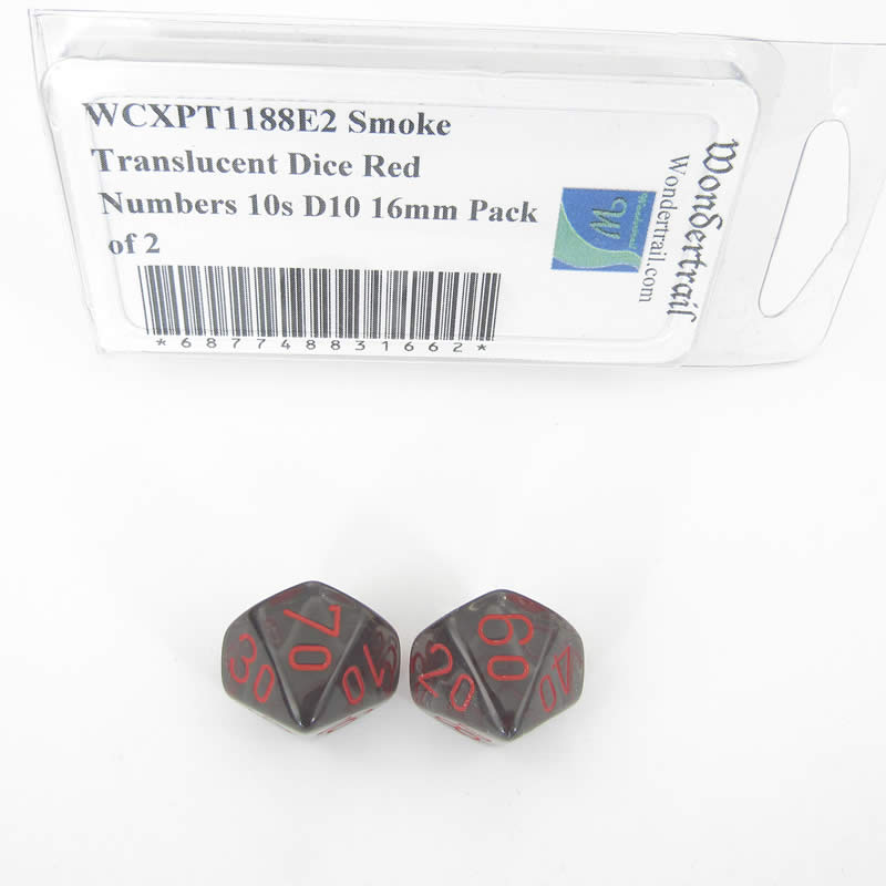 WCXPT1188E2 Smoke Translucent Dice Red Numbers 10s D10 16mm Pack of 2 (ONLINE ORDER ONLY)