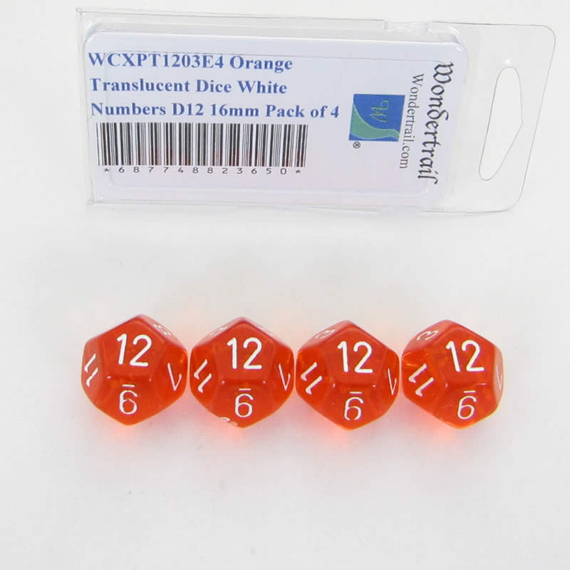 WCXPT1203E4 Orange Translucent Dice White Numbers D12 16mm Pack of 4 (ONLINE ORDER ONLY)