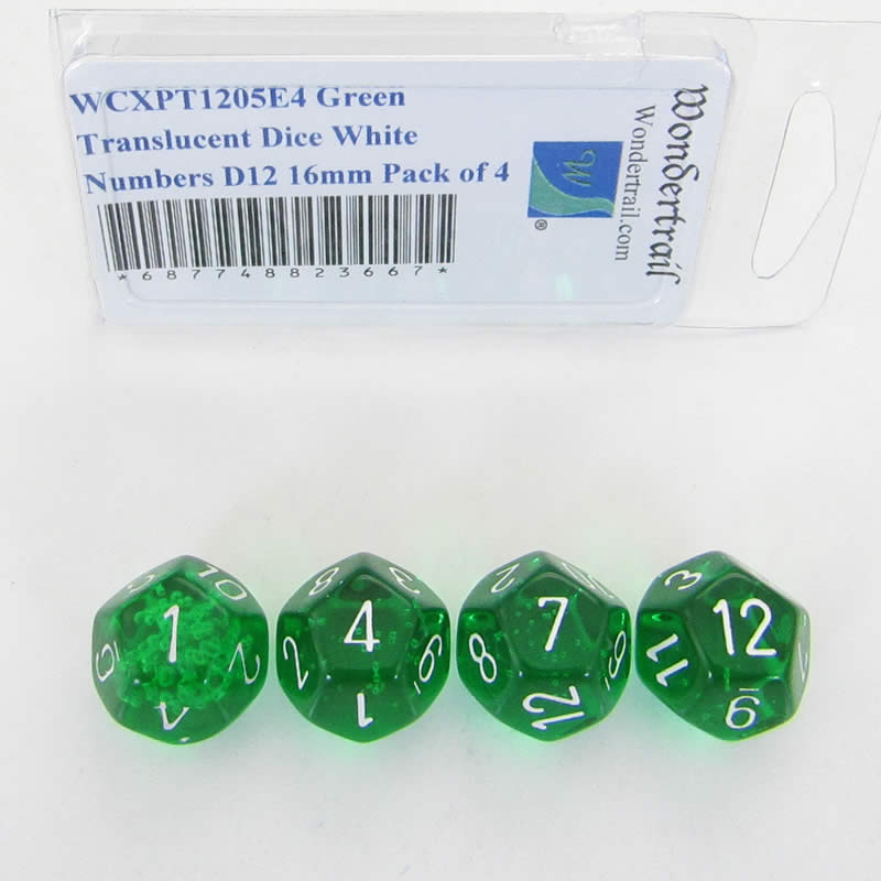 WCXPT1205E4 Green Translucent Dice White Numbers D12 16mm Pack of 4 (ONLINE ORDER ONLY)