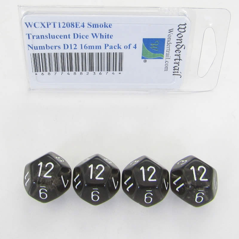 WCXPT1208E4 Smoke Translucent Dice White Numbers D12 16mm Pack of 4 (ONLINE ORDER ONLY)