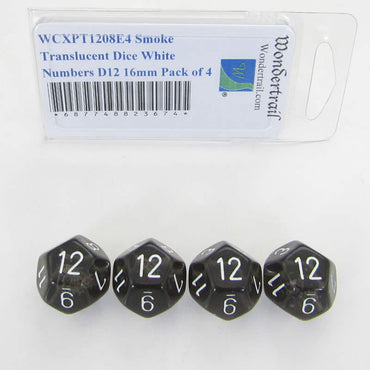 WCXPT1208E4 Smoke Translucent Dice White Numbers D12 16mm Pack of 4 (ONLINE ORDER ONLY)