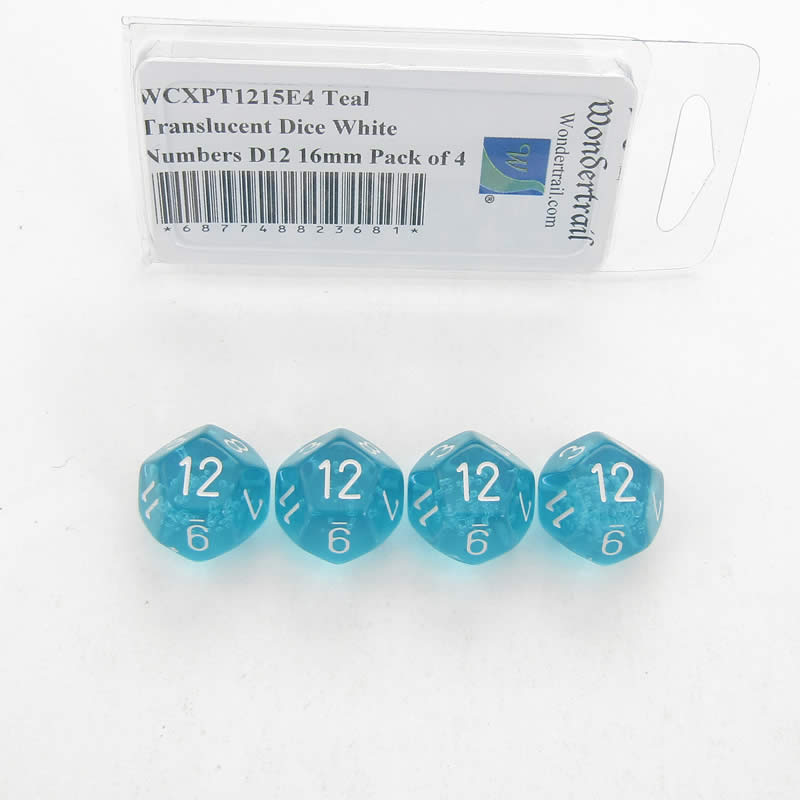 WCXPT1215E4 Teal Translucent Dice White Numbers D12 16mm Pack of 4 (ONLINE ORDER ONLY)