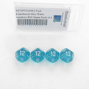 WCXPT1215E4 Teal Translucent Dice White Numbers D12 16mm Pack of 4 (ONLINE ORDER ONLY)