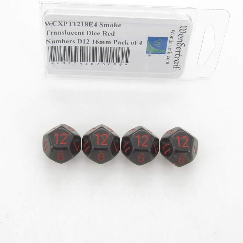 WCXPT1218E4 Smoke Translucent Dice Red Numbers D12 16mm Pack of 4 (ONLINE ORDER ONLY)