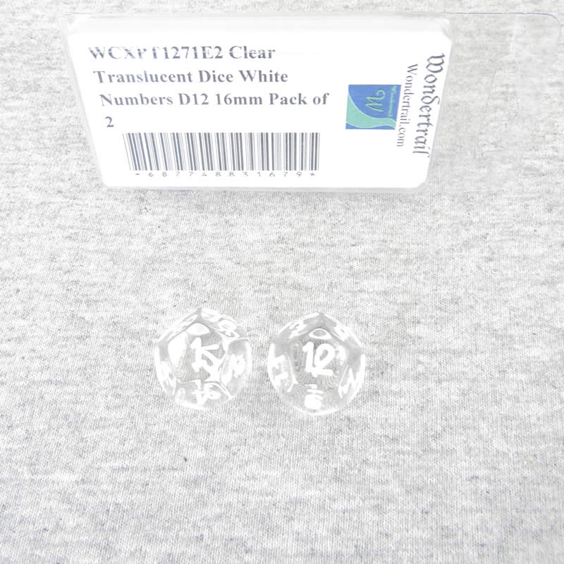 WCXPT1271E2 Clear Translucent Dice White Numbers D12 16mm Pack of 2 (ONLINE ORDER ONLY)