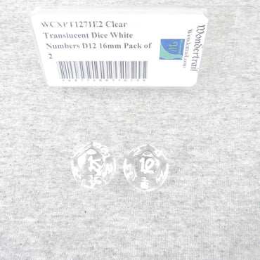 WCXPT1271E2 Clear Translucent Dice White Numbers D12 16mm Pack of 2 (ONLINE ORDER ONLY)