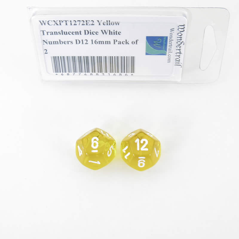WCXPT1272E2 Yellow Translucent Dice White Numbers D12 16mm Pack of 2 (ONLINE ORDER ONLY)