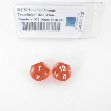 WCXPT1273E2 Orange Translucent Dice White Numbers D12 16mm Pack of 2 (ONLINE ORDER ONLY)