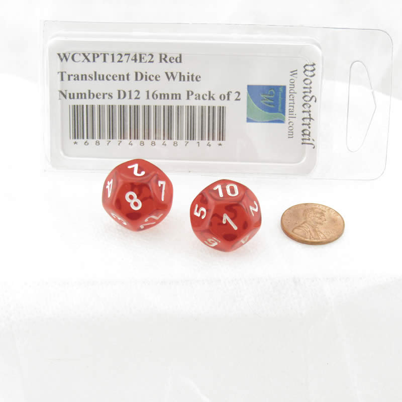 WCXPT1274E2 Red Translucent Dice White Numbers D12 16mm Pack of 2 (ONLINE ORDER ONLY)