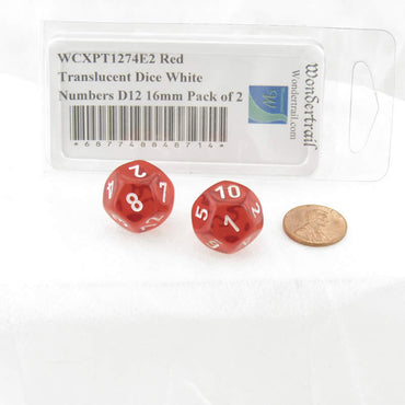 WCXPT1274E2 Red Translucent Dice White Numbers D12 16mm Pack of 2 (ONLINE ORDER ONLY)
