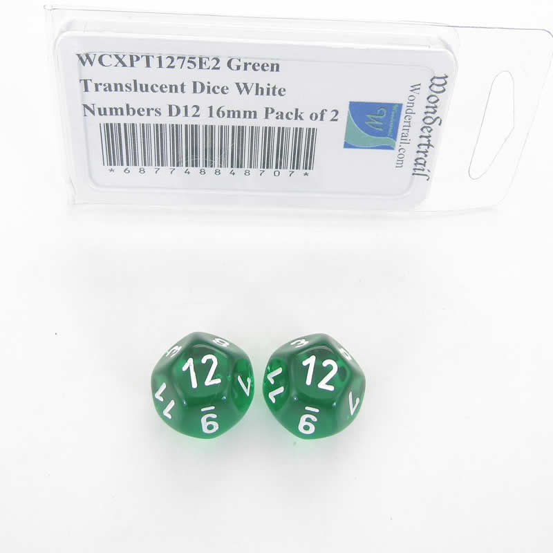 WCXPT1275E2 Green Translucent Dice White Numbers D12 16mm Pack of 2 (ONLINE ORDER ONLY)