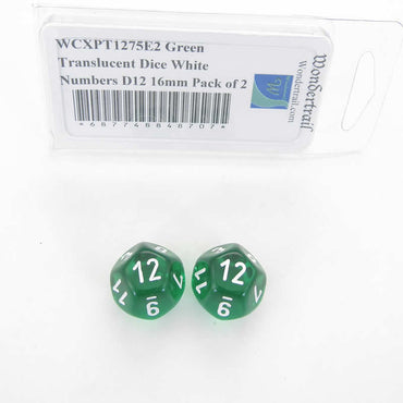 WCXPT1275E2 Green Translucent Dice White Numbers D12 16mm Pack of 2 (ONLINE ORDER ONLY)