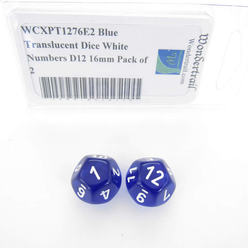 WCXPT1276E2 Blue Translucent Dice White Numbers D12 16mm Pack of 2 (ONLINE ORDER ONLY)