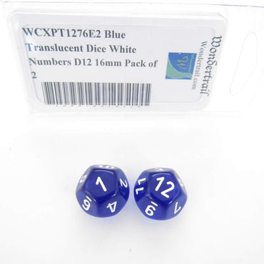 WCXPT1276E2 Blue Translucent Dice White Numbers D12 16mm Pack of 2 (ONLINE ORDER ONLY)