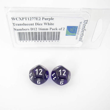 WCXPT1277E2 Purple Translucent Dice White Numbers D12 16mm Pack of 2 (ONLINE ORDER ONLY)