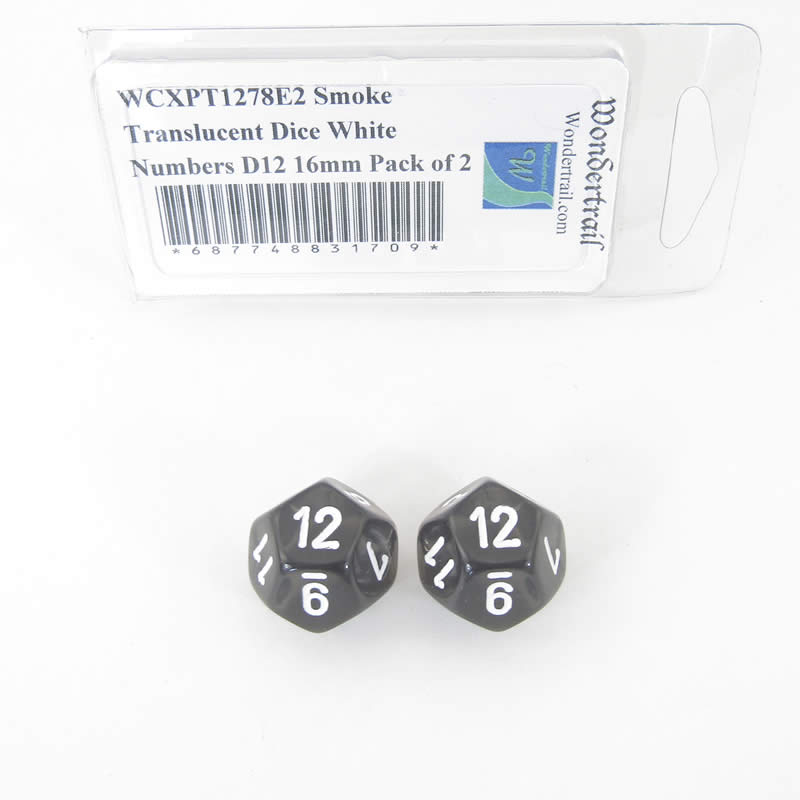 WCXPT1278E2 Smoke Translucent Dice White Numbers D12 16mm Pack of 2 (ONLINE ORDER ONLY)