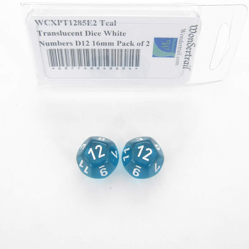 WCXPT1285E2 Teal Translucent Dice White Numbers D12 16mm Pack of 2 (ONLINE ORDER ONLY)