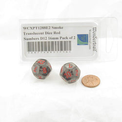 WCXPT1288E2 Smoke Translucent Dice Red Numbers D12 16mm Pack of 2 (ONLINE ORDER ONLY)
