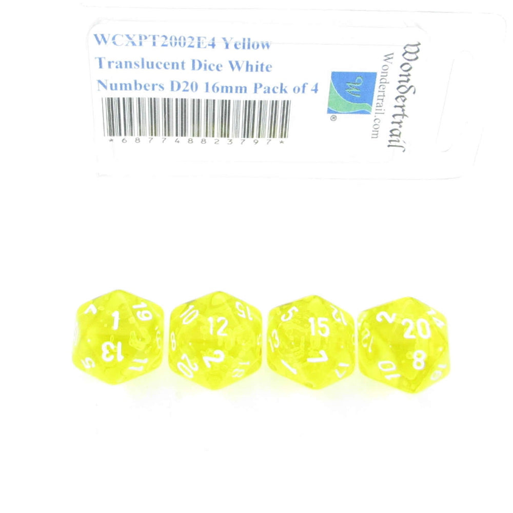 WCXPT2002E4 Yellow Translucent Dice White Numbers D20 16mm Pack of 4 (ONLINE ORDER ONLY)