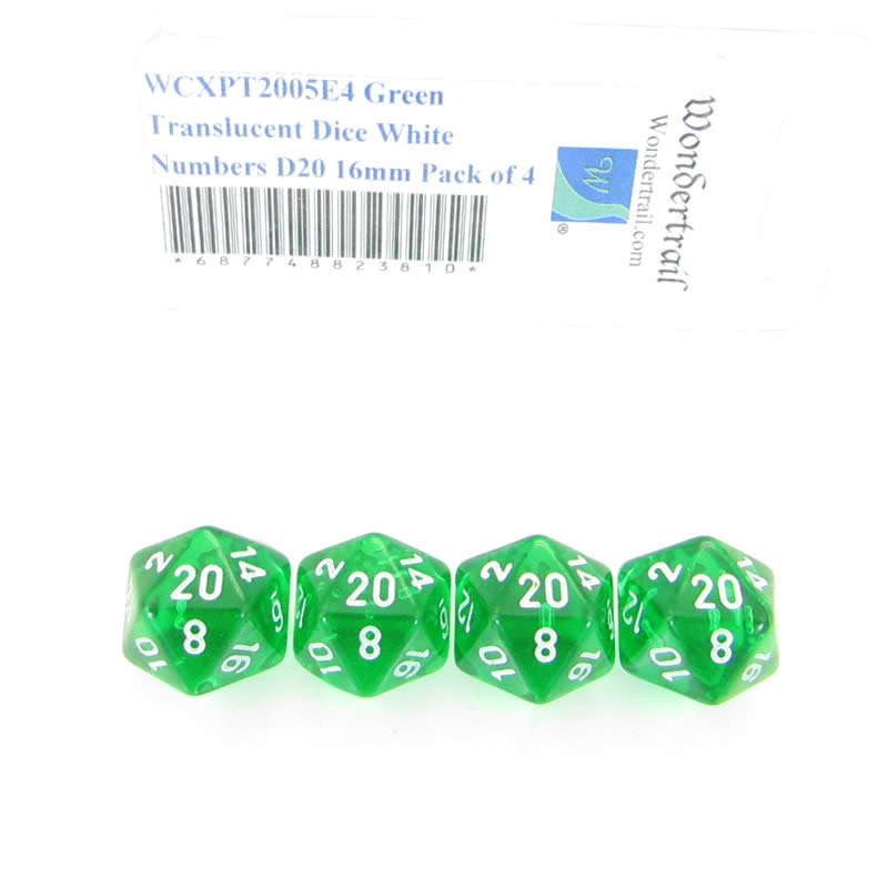 WCXPT2005E4 Green Translucent Dice White Numbers D20 16mm Pack of 4 (ONLINE ORDER ONLY)