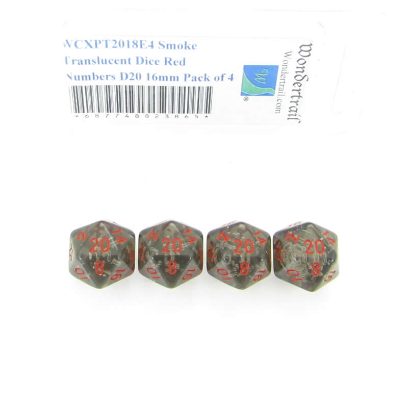 WCXPT2018E4 Smoke Translucent Dice Red Numbers D20 16mm Pack of 4 (ONLINE ORDER ONLY)