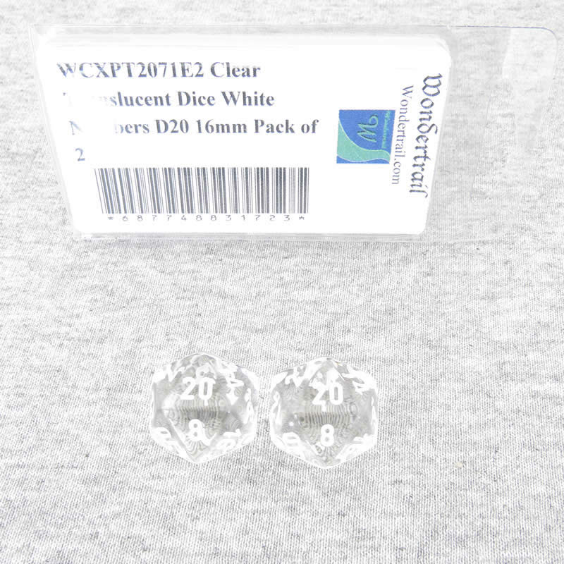 WCXPT2071E2 Clear Translucent Dice White Numbers D20 16mm Pack of 2 (ONLINE ORDER ONLY)
