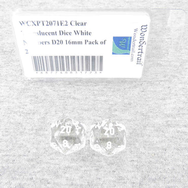 WCXPT2071E2 Clear Translucent Dice White Numbers D20 16mm Pack of 2 (ONLINE ORDER ONLY)