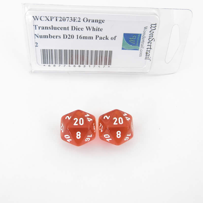WCXPT2073E2 Orange Translucent Dice White Numbers D20 16mm Pack of 2 (ONLINE ORDER ONLY)