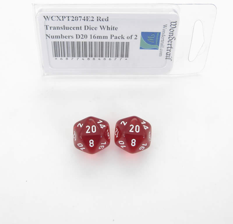 WCXPT2074E2 Red Translucent Dice White Numbers D20 16mm Pack of 2 (ONLINE ORDER ONLY)