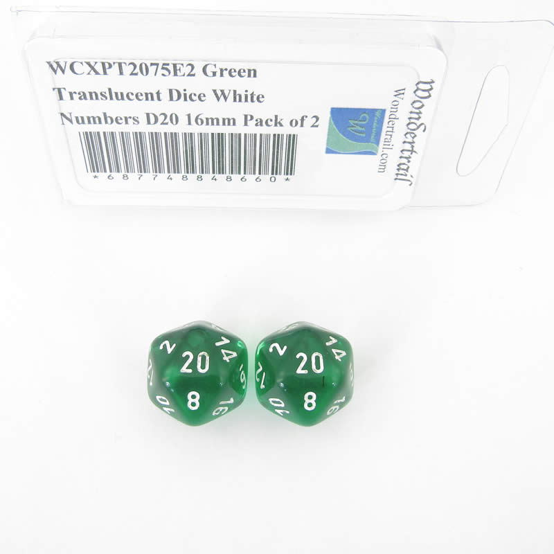 WCXPT2075E2 Green Translucent Dice White Numbers D20 16mm Pack of 2 (ONLINE ORDER ONLY)