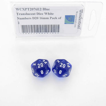 WCXPT2076E2 Blue Translucent Dice White Numbers D20 16mm Pack of 2 (ONLINE ORDER ONLY)