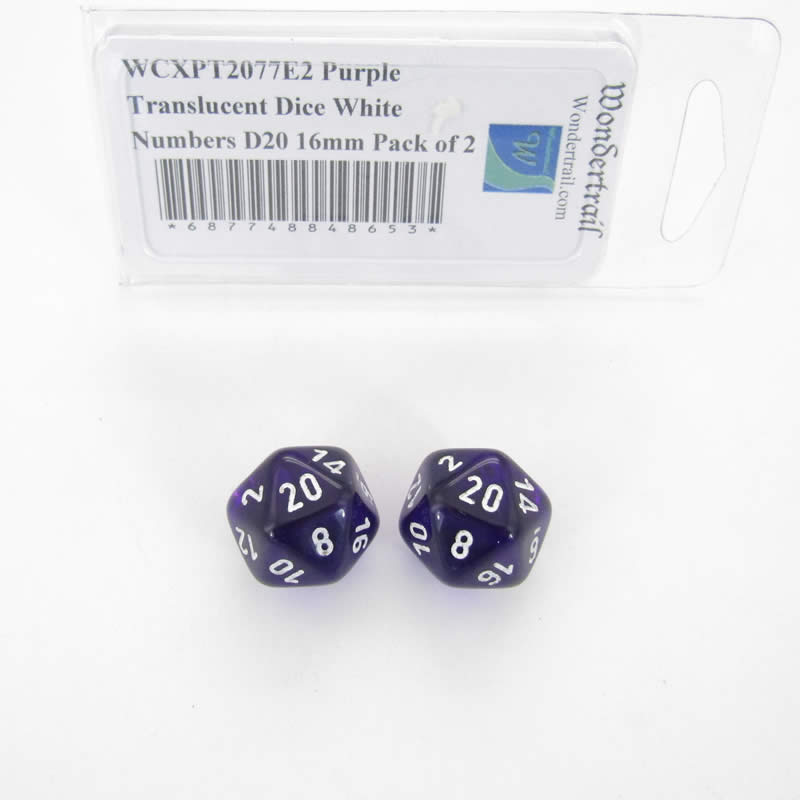 WCXPT2077E2 Purple Translucent Dice White Numbers D20 16mm Pack of 2 (ONLINE ORDER ONLY)