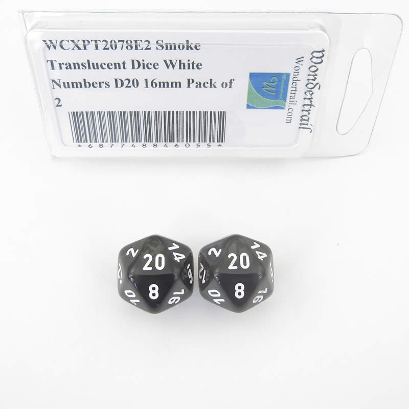 WCXPT2078E2 Smoke Translucent Dice White Numbers D20 16mm Pack of 2 (ONLINE ORDER ONLY)