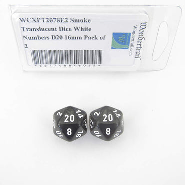 WCXPT2078E2 Smoke Translucent Dice White Numbers D20 16mm Pack of 2 (ONLINE ORDER ONLY)