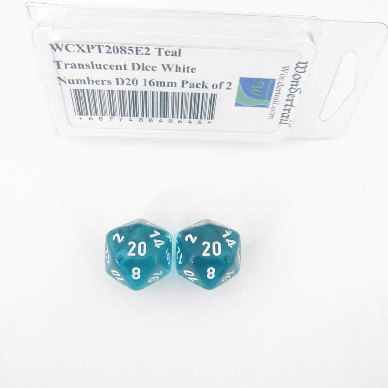 WCXPT2085E2 Teal Translucent Dice White Numbers D20 16mm Pack of 2 (ONLINE ORDER ONLY)