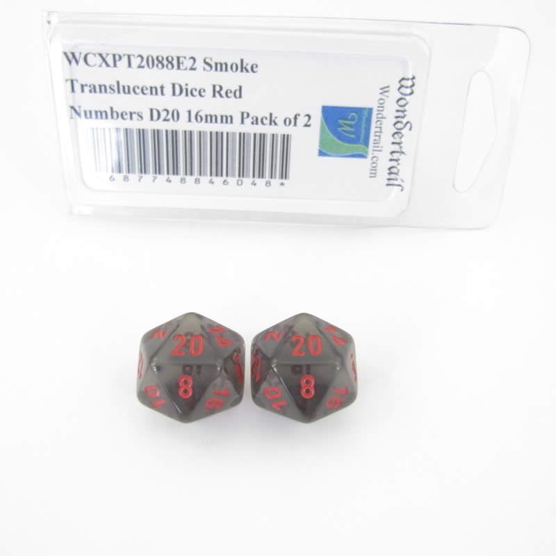 WCXPT2088E2 Smoke Translucent Dice Red Numbers D20 16mm Pack of 2 (ONLINE ORDER ONLY)